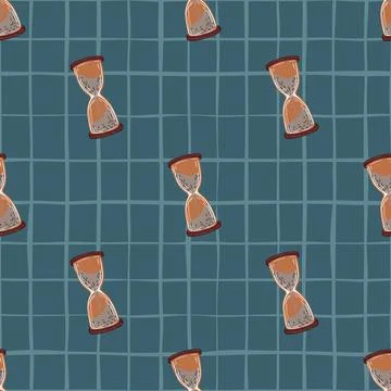 Retro seamless time pattern with hourglass elements. Blue chequered backgroun Stock Illustration