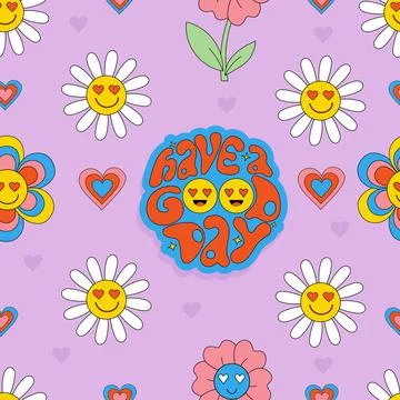 Retro Seamless vector pattern with 70s, 80s, 90s vibes groovy elements Stock Illustration