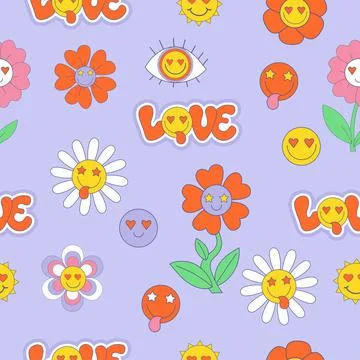 Retro Seamless vector pattern with 70s, 80s, 90s vibes groovy elements. Stickers Stock Illustration