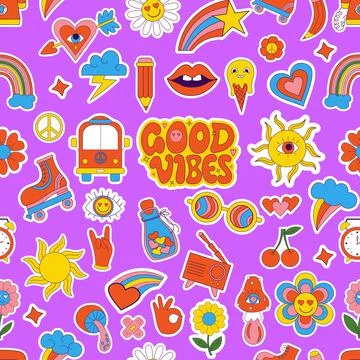 Retro Seamless vector pattern with vibes groovy elements. Nostalgia stickers  Stockillustratie