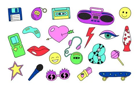 Retro set of 1990s elements. Vintage boombox, audio CD player, cassette and.. Illustrazione stock