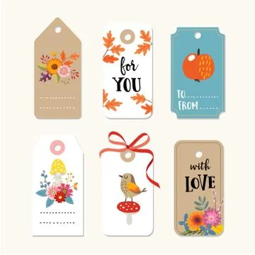 Retro set of cute autumn, fall gift tags and labels with flowers, bird, oak イラスト素材