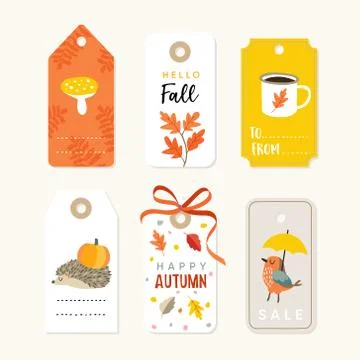 Retro set of cute autumn, fall gift tags and labels with hedgehog, bird, oak イラスト素材