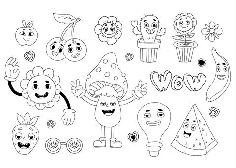 Retro set of groovy elements. Vector clipart vintage funky hippy style. Funny 스톡 일러스트