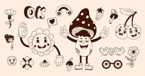 Retro set groovy elements. Vector clipart vintage funky hippy style. Funny 库存插图