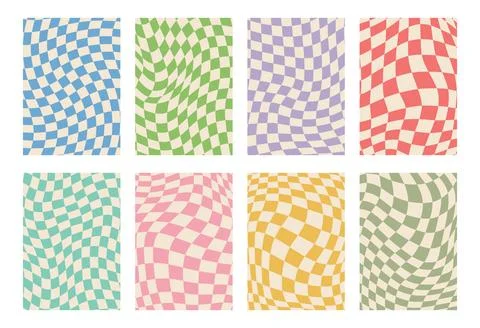 Retro set of groovy wavy psychedelic checkerboard in pale pastel colors, A4.. Stock Illustration