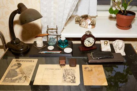 Retro set of items for studying at school. an antique writing Desk Stock Photos