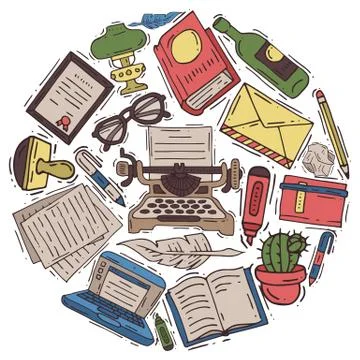 Retro set of writer desk vector illustration. Vintage typewriter, feather for Stock Illustration