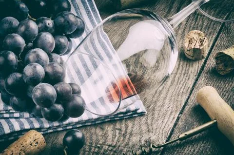 Retro setting with empty wine glass and grapes Stock Photos