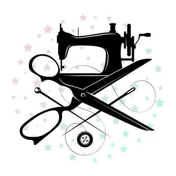 Retro sewing machine scissors and needle and thread design Stock Illustration