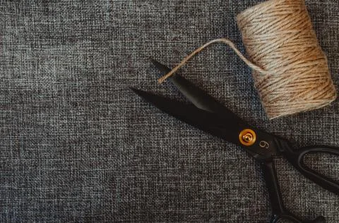Retro sewing tools: old scissors, bobbins of thread on gray fabric. Tailor's  Stock Photos
