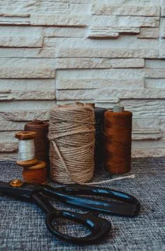 Retro sewing tools: old scissors, bobbins of thread on gray fabric. Tailor's  Stock Photos