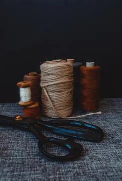 Retro sewing tools: old scissors, bobbins of thread on gray fabric. Tailor's  Stock Photos