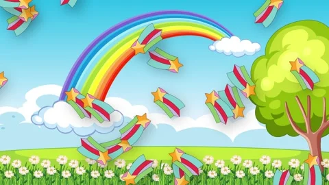 Retro Shooting Stars Falling Over Cartoon Rainbow Landscape Background Stock Footage 339121962