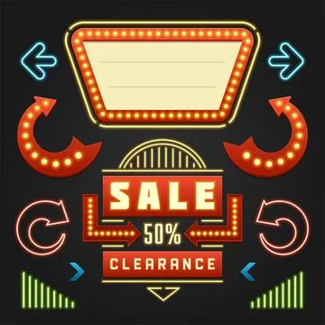 Retro Showtime Signs Design Elements Set. Bright Billboard Signage Light Bu.. Stock Illustration