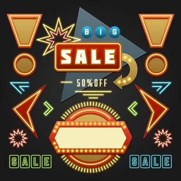 Retro Showtime Signs Design Elements Set. Bright Billboard Signage Light Bu.. Stock Illustration