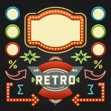 Retro Showtime Signs Design Elements Set. Bright Billboard Signage Light Bulb Stock Illustration
