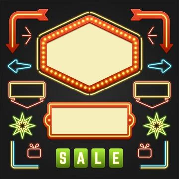 Retro Showtime Signs Design Elements Set. Bright Billboard Signage Light Bulb Stock Illustration