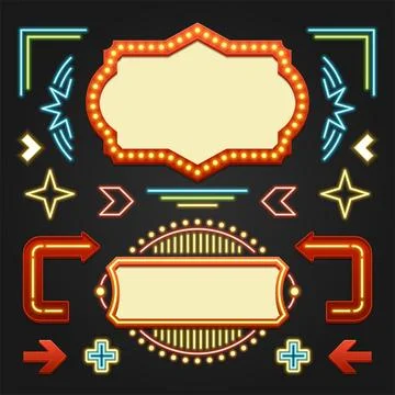 Retro Showtime Signs Design Elements Set. Bright Billboard Signage Light Bulb イラスト素材