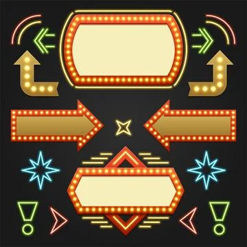 Retro Showtime Signs Design Elements Set. Bright Billboard Signage Light Bulb Stock Illustration