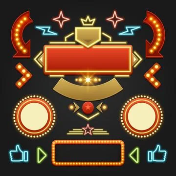 Retro Showtime Signs Design Elements Set. Bright Billboard Signage Light Bu.. Stock Illustration