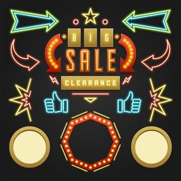 Retro Showtime Signs Design Elements Set. Bright Billboard Signage Light Bu.. Stock Illustration