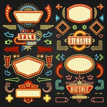 Retro Showtime Signs Design Elements Set. Bright Billboard Signage Light Bulb Stock Illustration