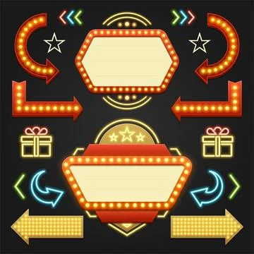 Retro Showtime Signs Design Elements Set. Bright Billboard Signage Light Bulb Stock Illustration