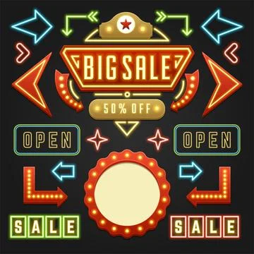 Retro Showtime Signs Design Elements Set. Bright Billboard Signage Light Bulb Stock Illustration