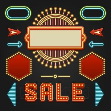Retro Showtime Signs Design Elements Set. Bright Billboard Signage Light Bu.. Stock Illustration
