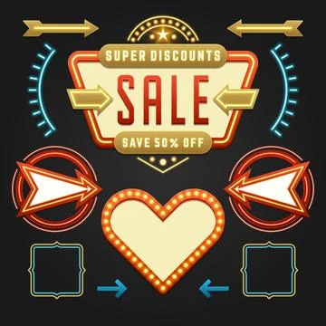 Retro Showtime Signs Design Elements Set. Bright Billboard Signage Light Bu.. Stock Illustration