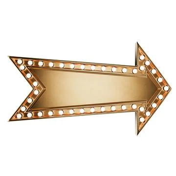 Retro signboard pointer, arrow. Gold advertising sign with light bulbs in r.. Stock Illustration