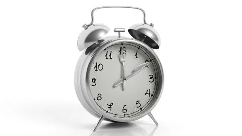 Retro silver alarm clock with knife and fork as poinets, isolated on white ba Stock Illustration