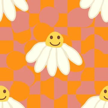Retro Smile Chamomile Seamless Pattern on 1970 Wavy Swirl Seamless Pattern. H Stock Illustration