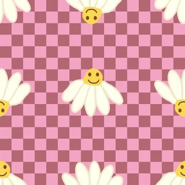 Retro Smile Chamomile Seamless Pattern on 1970 Wavy Swirl Seamless Pattern. H 스톡 일러스트