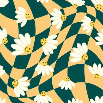 Retro Smile Chamomile Seamless Pattern on 1970 Wavy Swirl Seamless Pattern. H Stock Illustration