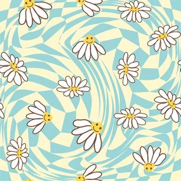 Retro Smile Chamomile Seamless Pattern on 1970 Wavy Swirl Pattern. Hippie Aes Illustrazione stock