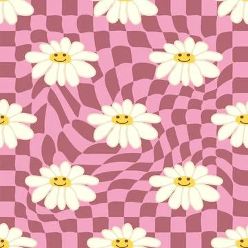 Retro Smile Chamomile Seamless Pattern on 1970 Wavy Swirl Seamless Pattern. H Stock Illustration