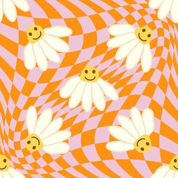 Retro Smile Chamomile Seamless Pattern on 1970 Wavy Swirl Seamless Pattern. H Illustrazione stock