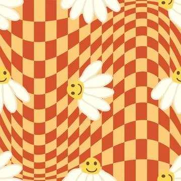 Retro Smile Chamomile Seamless Pattern on 1970 Wavy Swirl Seamless Pattern. H Stock Illustration