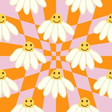 Retro Smile Chamomile Seamless Pattern on 1970 Wavy Swirl Seamless Pattern. H Stock Illustration