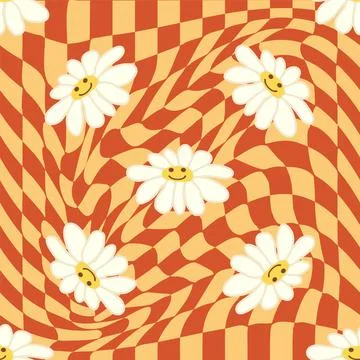 Retro Smile Chamomile Seamless Pattern on 1970 Wavy Swirl Seamless Pattern. H 스톡 일러스트