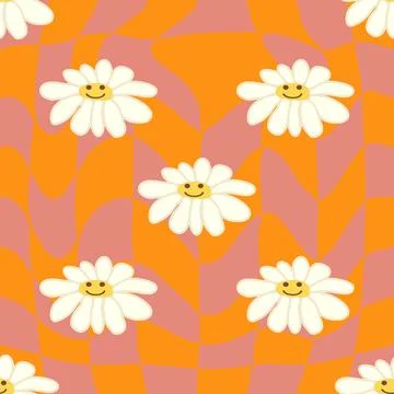 Retro Smile Chamomile Seamless Pattern on 1970 Wavy Swirl Seamless Pattern. H Illustrazione stock
