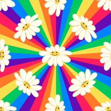 Retro Smile Chamomile Seamless Pattern on 1970 Wavy Swirl Seamless Pattern. H Illustrazione stock