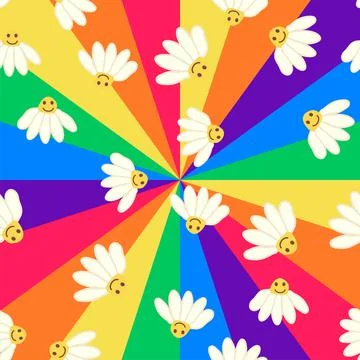 Retro Smile Chamomile Seamless Pattern on 1970 Wavy Swirl Seamless Pattern. H Illustrazione stock