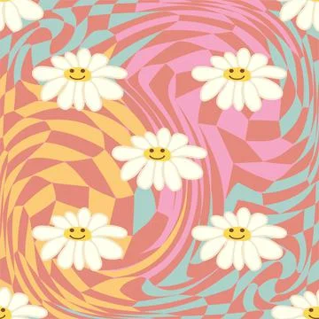 Retro Smile Chamomile Seamless Pattern on 1970 Wavy Swirl Seamless Pattern. H 스톡 일러스트