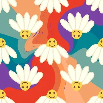 Retro Smile Chamomile Seamless Pattern on 1970 Wavy Swirl Seamless Pattern. H Stockillustratie