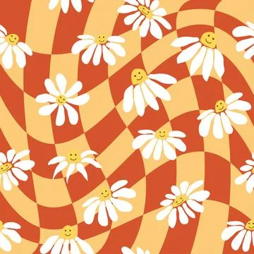 Retro Smile Chamomile Seamless Pattern on 1970 Wavy Swirl Seamless Pattern. H Stockillustratie