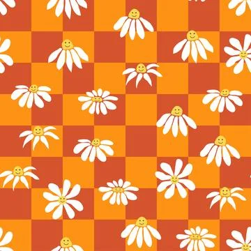Retro Smile Chamomile Seamless Pattern on 1970 Wavy Swirl Seamless Pattern. H Stock Illustration