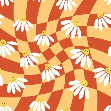 Retro Smile Chamomile Seamless Pattern on 1970 Wavy Swirl Seamless Pattern. H Illustrazione stock
